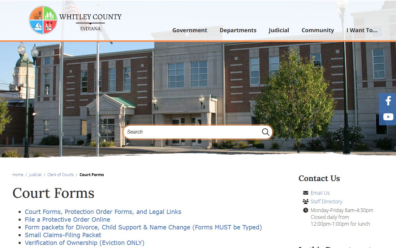 Whitley County Clerk of Court forms page for court records