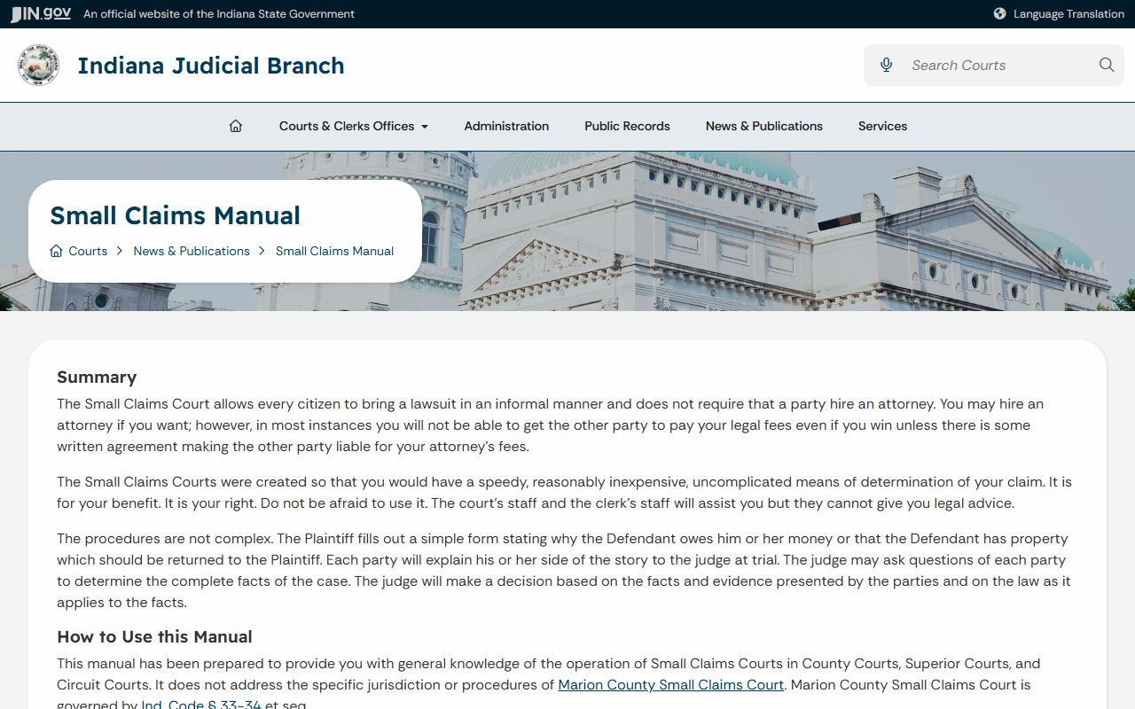 Indiana Small Claims Manual linked for Whitley County Clerk court records