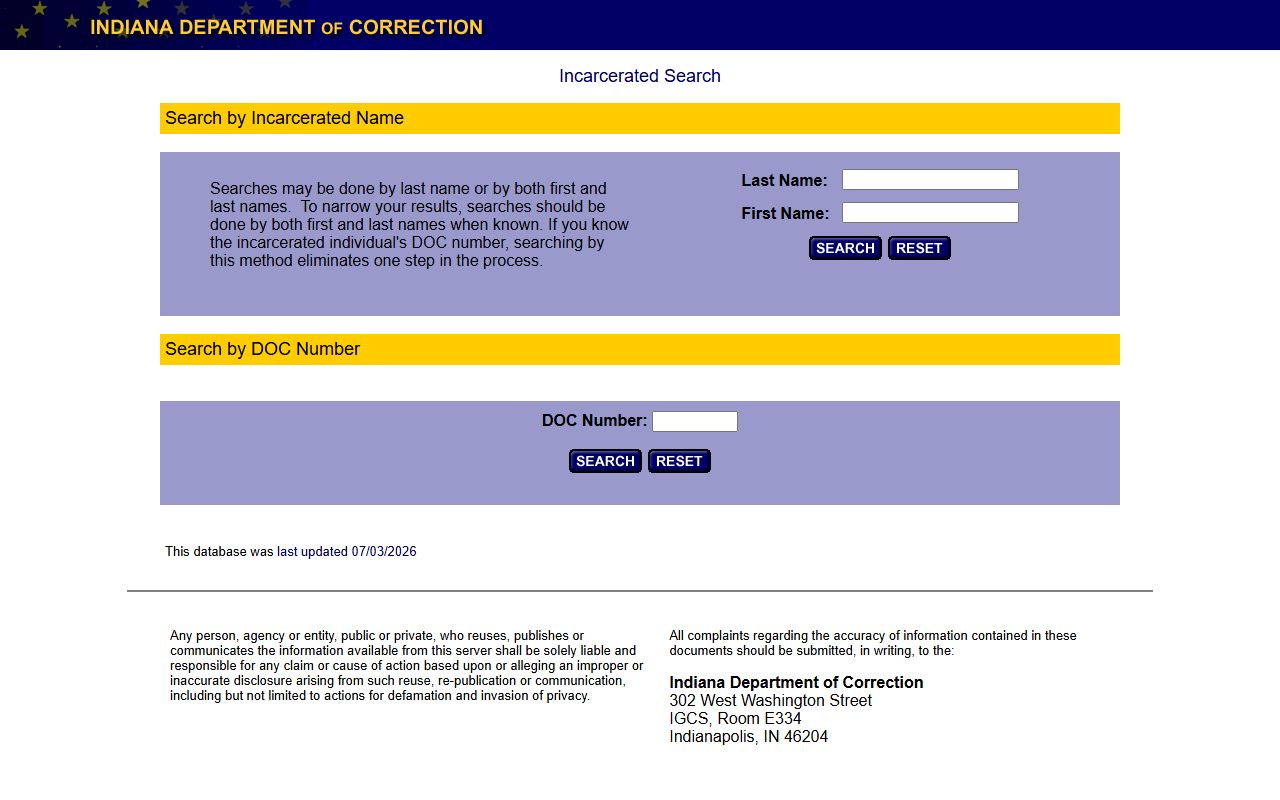 Whitley County arrest records and Indiana DOC offender search