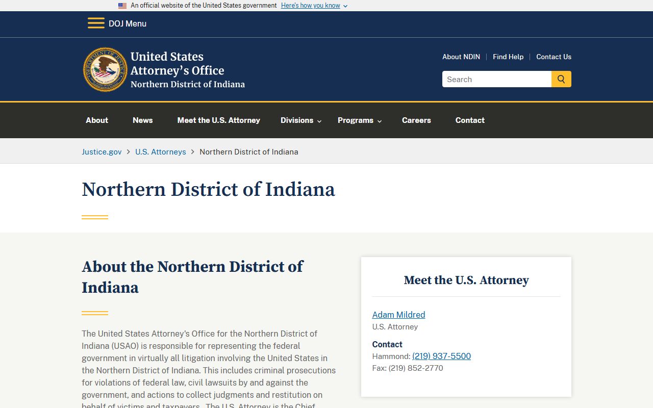 Whitley County criminal court records U.S. Attorney Northern District of Indiana